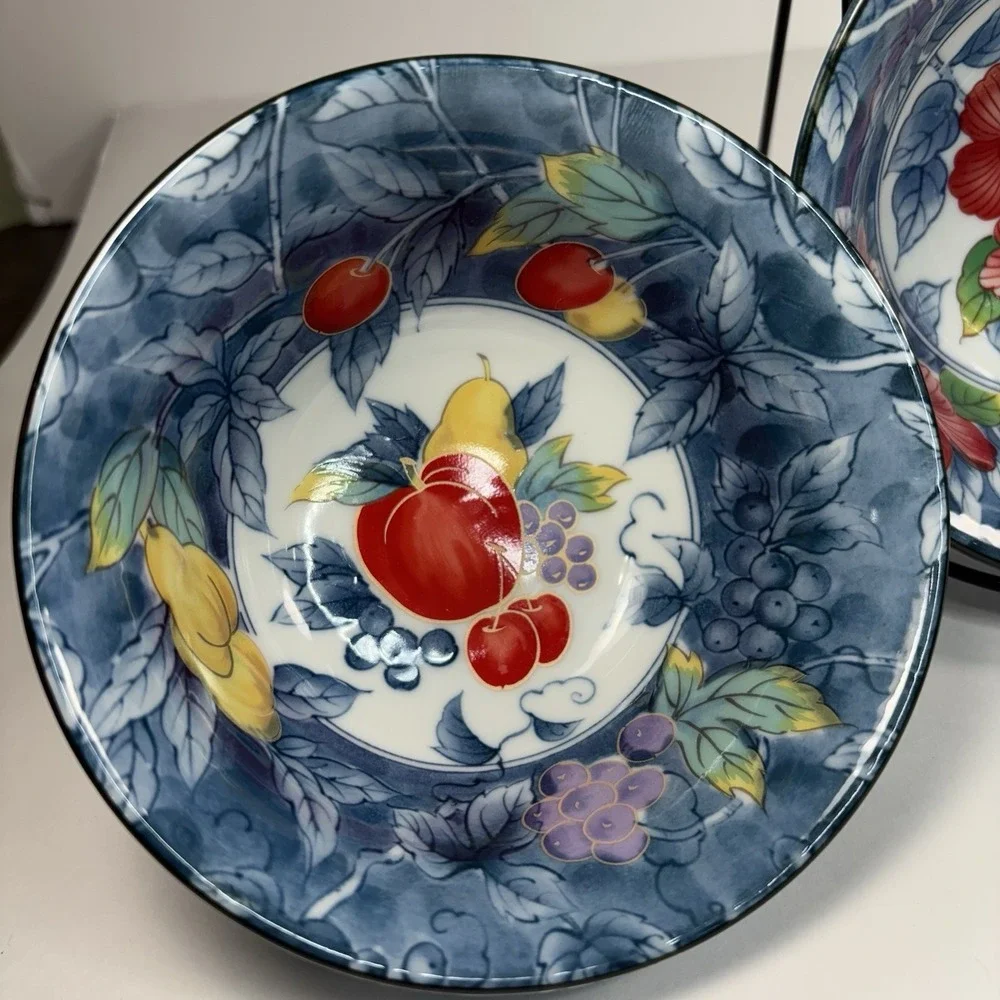 Chinese Contemporary Colorful Rice Bowl Hibiscus Hummingbird Fruit blue set Of2